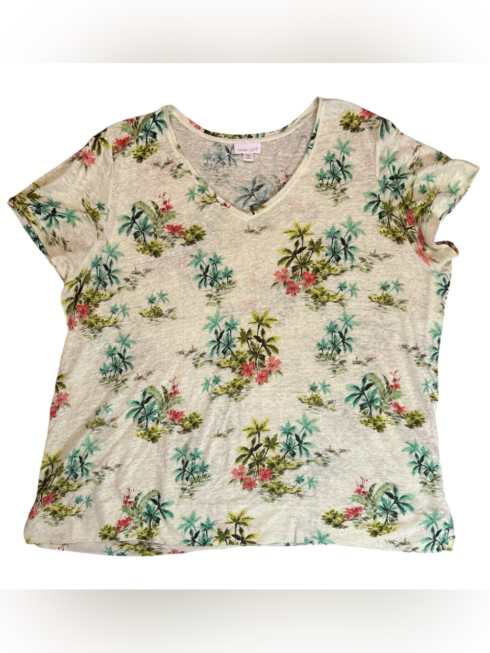 J. Jill Love Linen Top Women 2X Tropical Palm Print V Neck 100% Linen Shirt